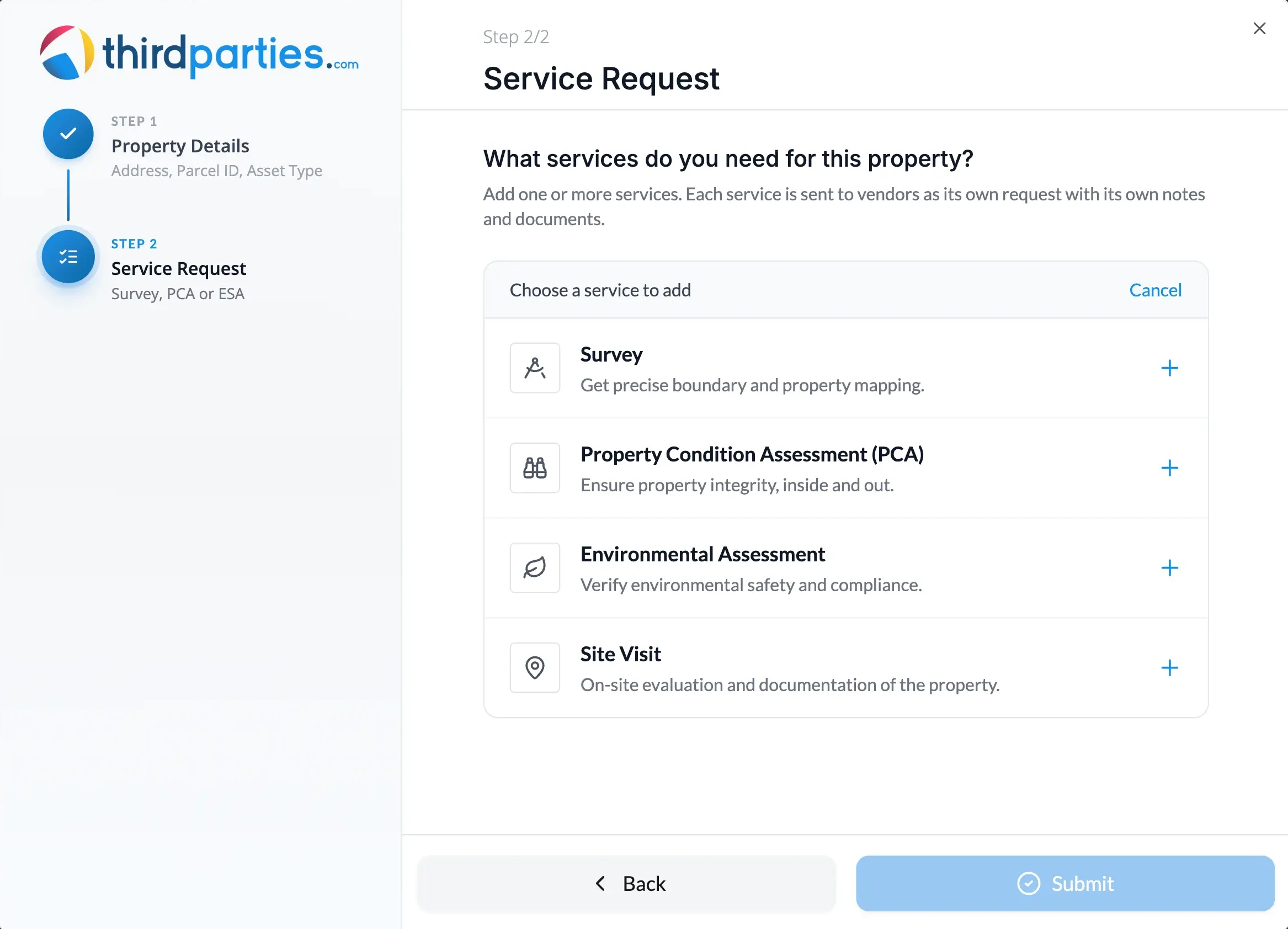 Thirdparties.com new request wizard, step 2: choose a service to add — Survey, Property Condition Assessment, Environmental Assessment or Site Visit